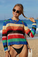 Rainbow Stripe Openwork Long Sleeve Cover-Up Trendsi