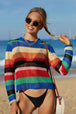 Rainbow Stripe Openwork Long Sleeve Cover-Up Trendsi