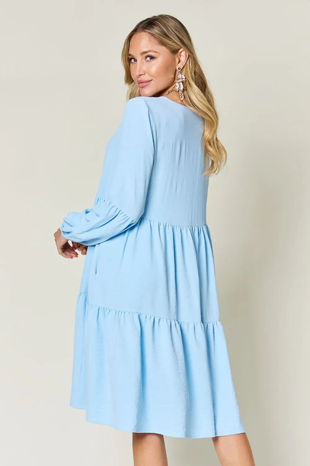  Full Size V-Neck Balloon Sleeve Tiered Dress -BazaarBey - www.shopbazaarbey.com