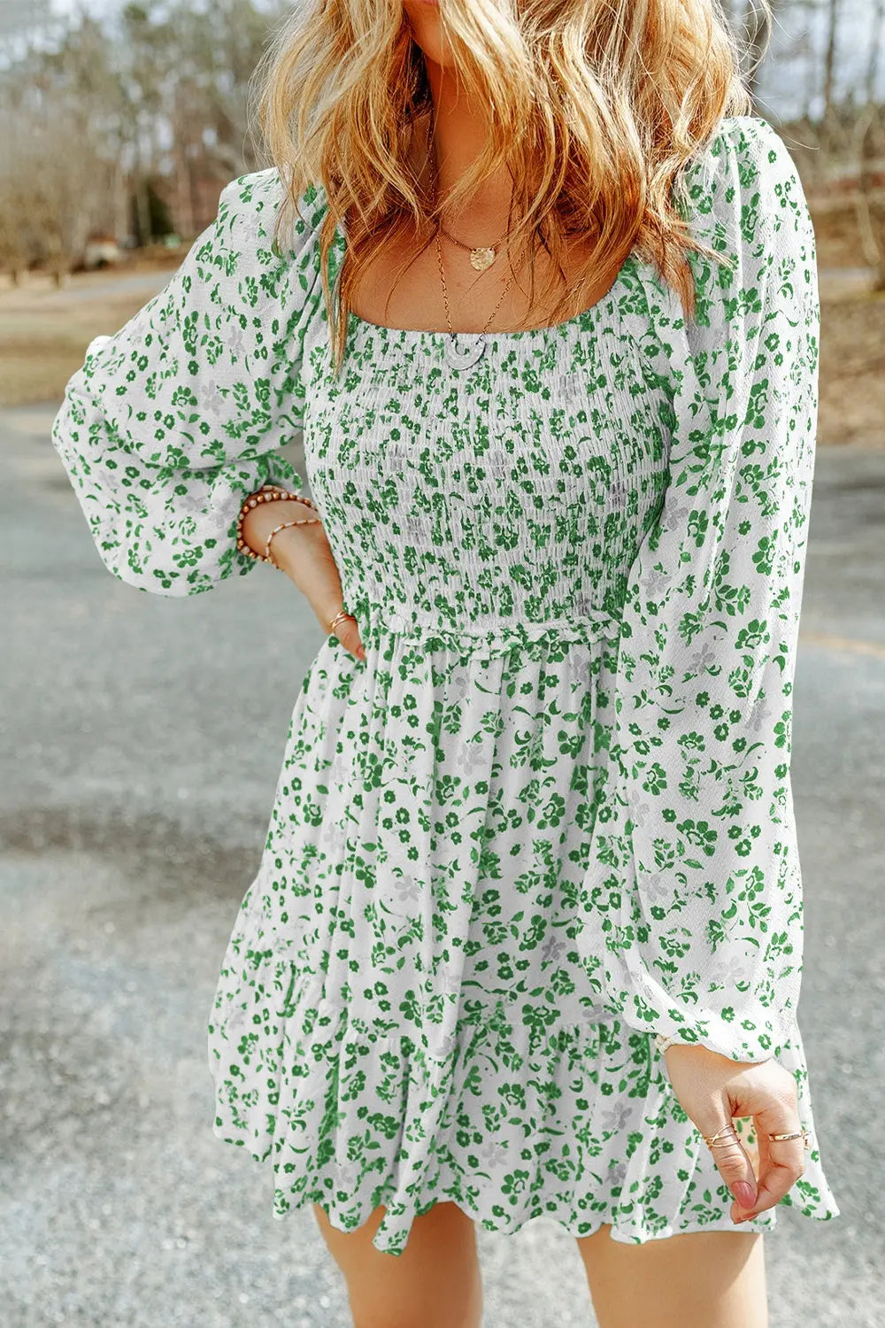 Smocked Floral Square Neck Balloon Sleeve Dress -BazaarBey - www.shopbazaarbey.com