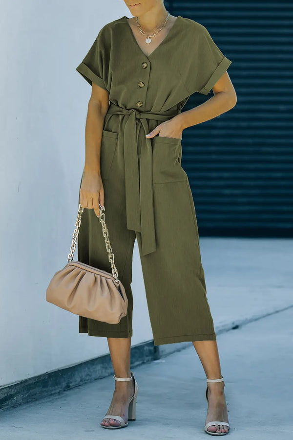 BazaarBey Tie-Waist Buttoned Cropped Jumpsuit 