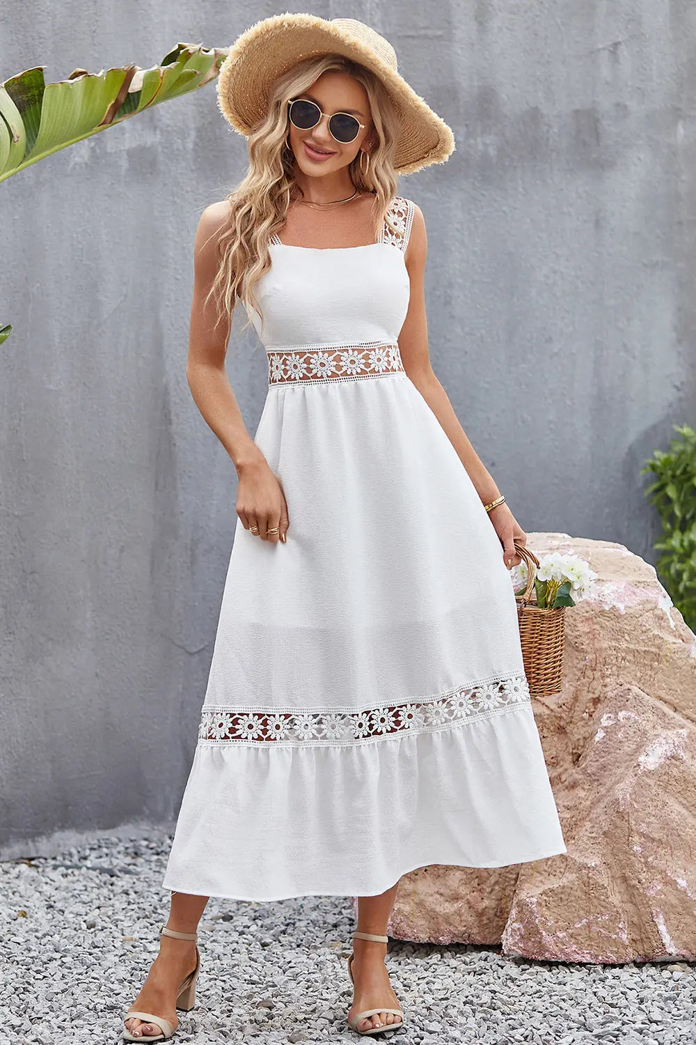 Flower Crochet Wide Strap Midi Dress -BazaarBey - www.shopbazaarbey.com