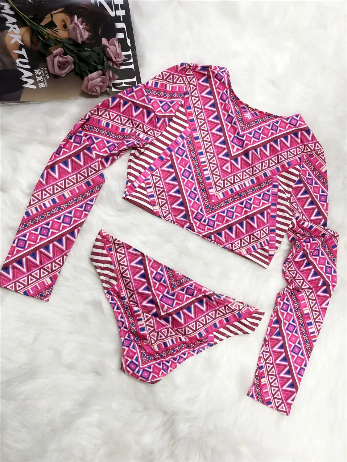 Printed Long Sleeve Top and Brief Swim Set Trendsi