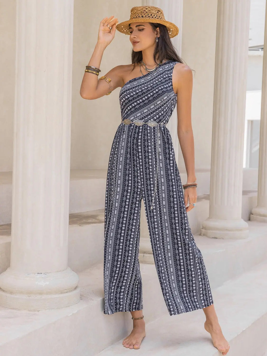 Printed Single Shoulder Sleeveless Jumpsuit Trendsi