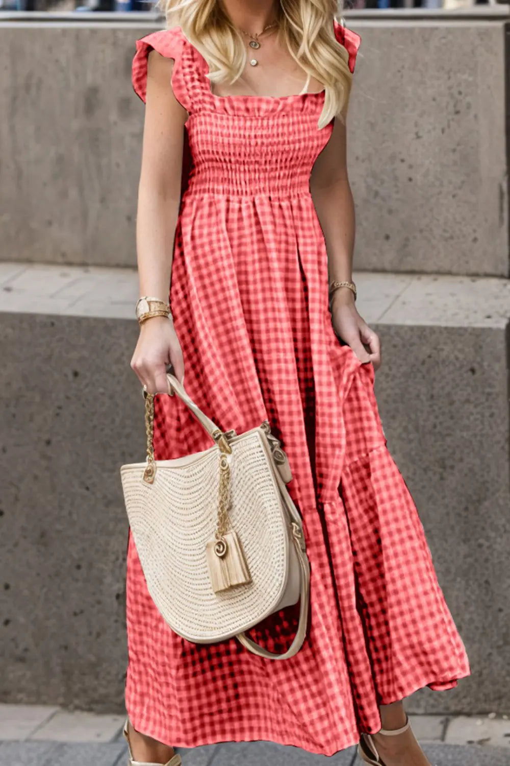 Full Size Smocked Ruffled Plaid Ruffle Hem Dress -BazaarBey - www.shopbazaarbey.com