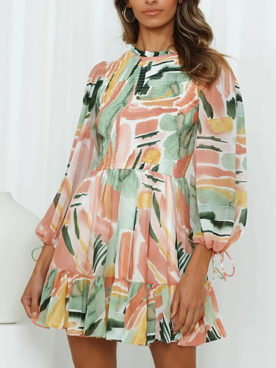 Printed Mock Neck Balloon Sleeve Mini Dress -BazaarBey - www.shopbazaarbey.com
