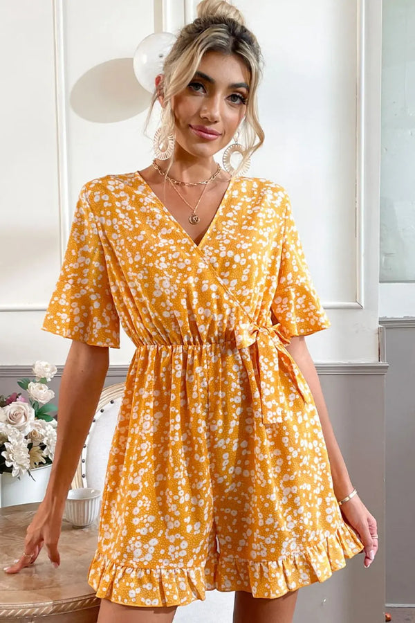 BazaarBey Printed Surplice Neck Ruffled Romper 