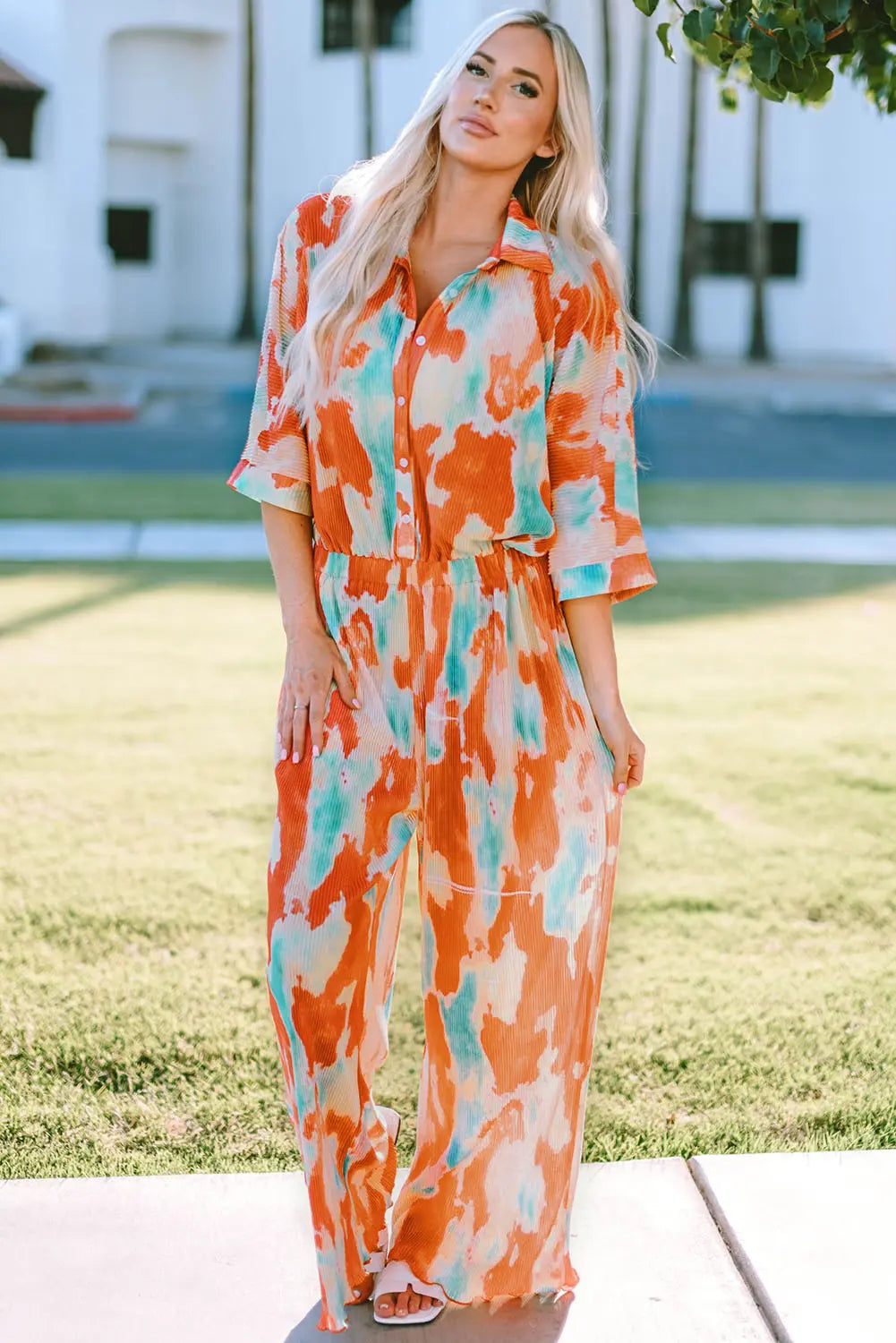 BazaarBey Tie-Dye Collared Wide Leg Jumpsuit 