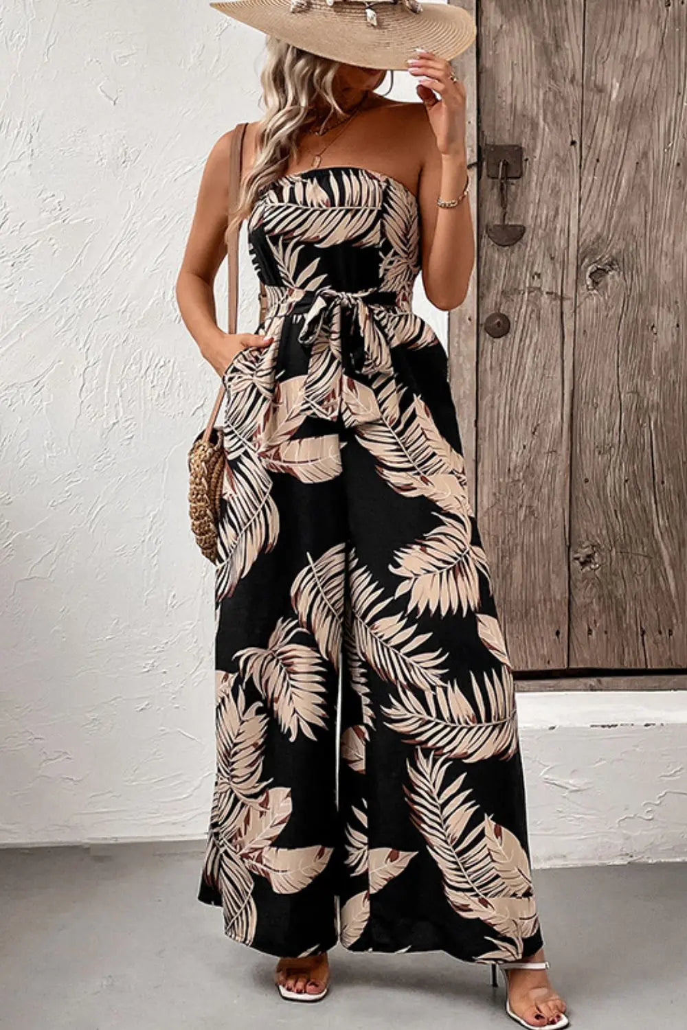 Printed Strapless Wide Leg Jumpsuit with Pockets Trendsi