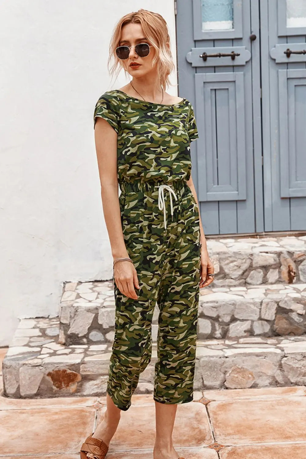 Camouflage Drawstring Crop Leg Jumpsuit Trendsi