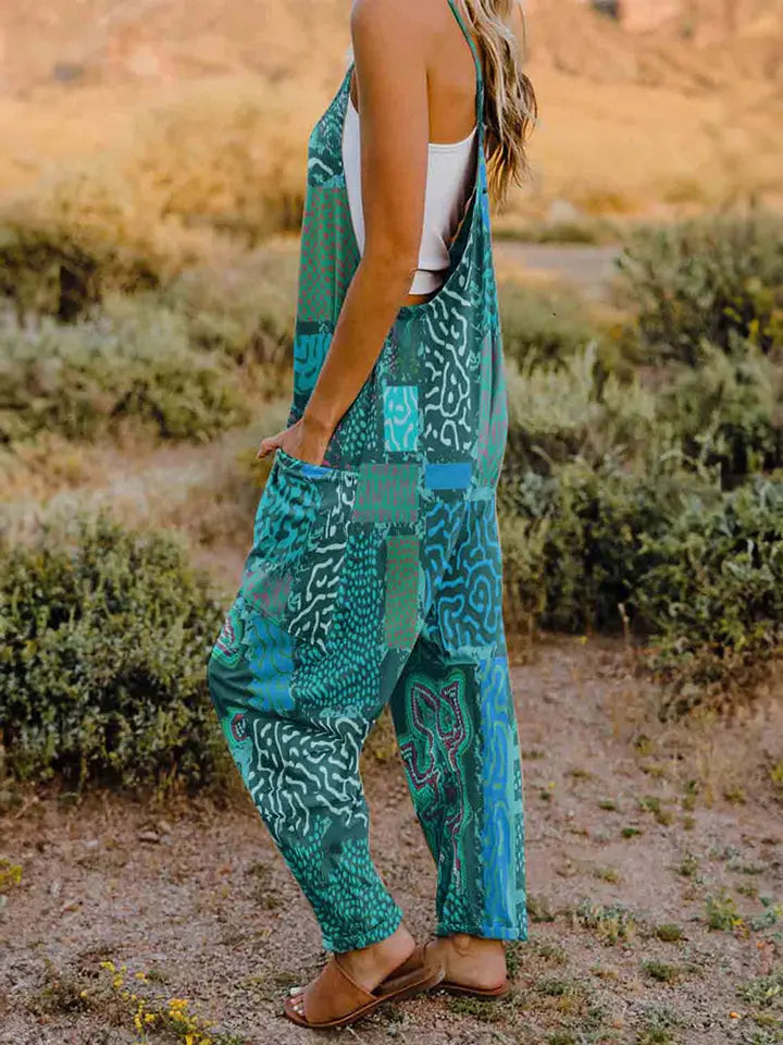  Printed V-Neck Sleeveless Jumpsuit Trendsi