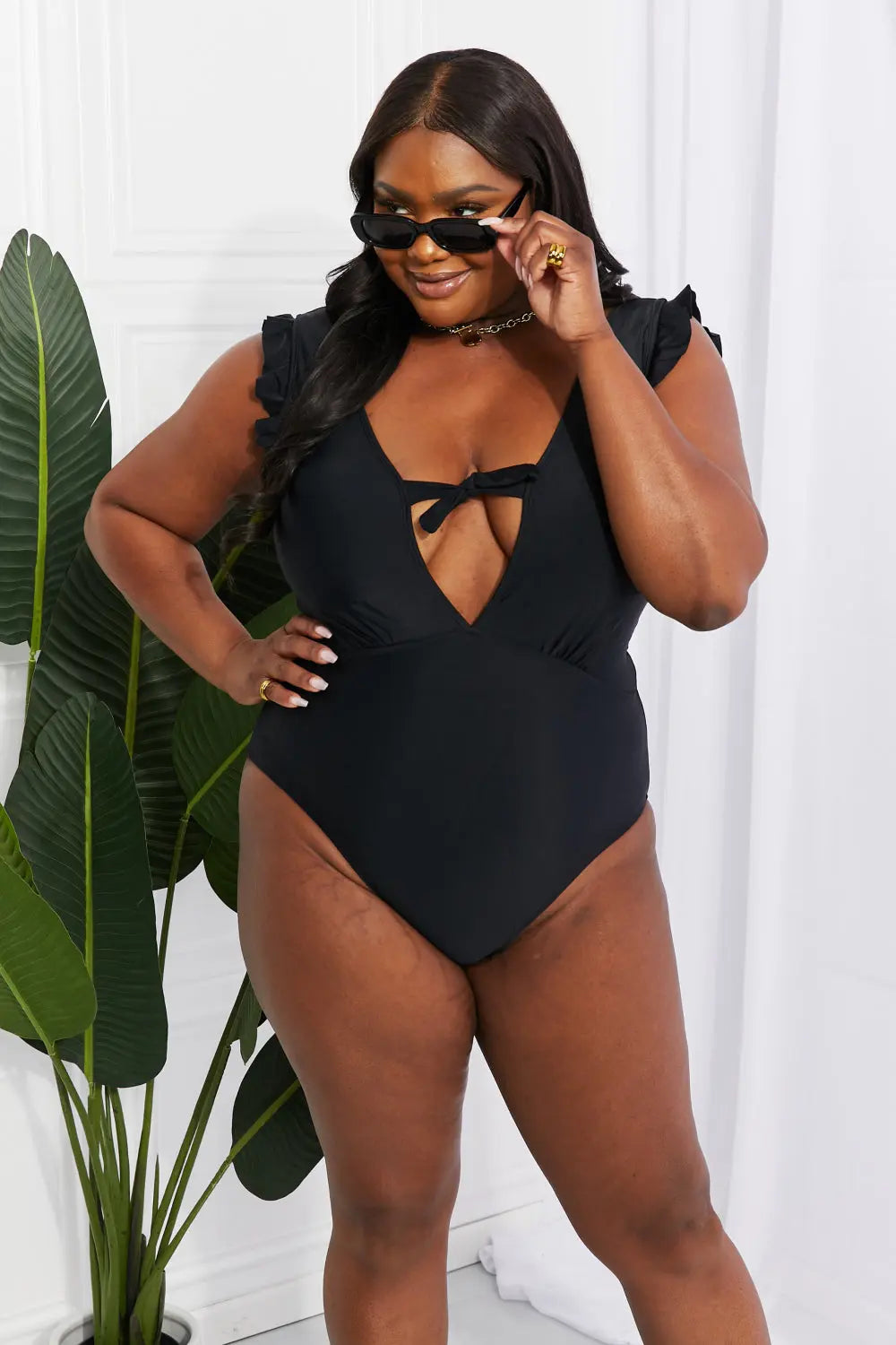  Swim Seashell Ruffle Sleeve One-Piece in Black Trendsi