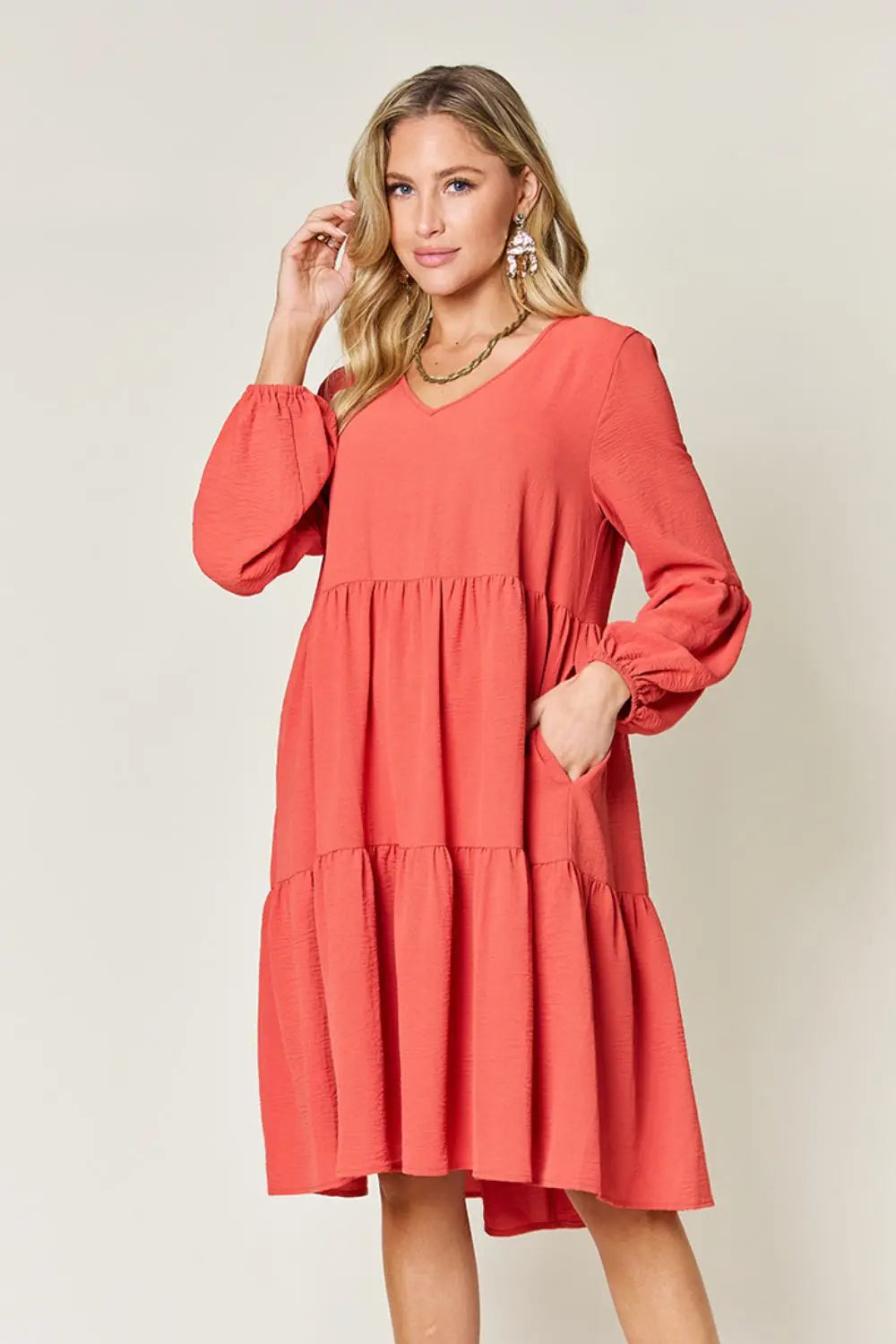  Full Size V-Neck Balloon Sleeve Tiered Dress -BazaarBey - www.shopbazaarbey.com