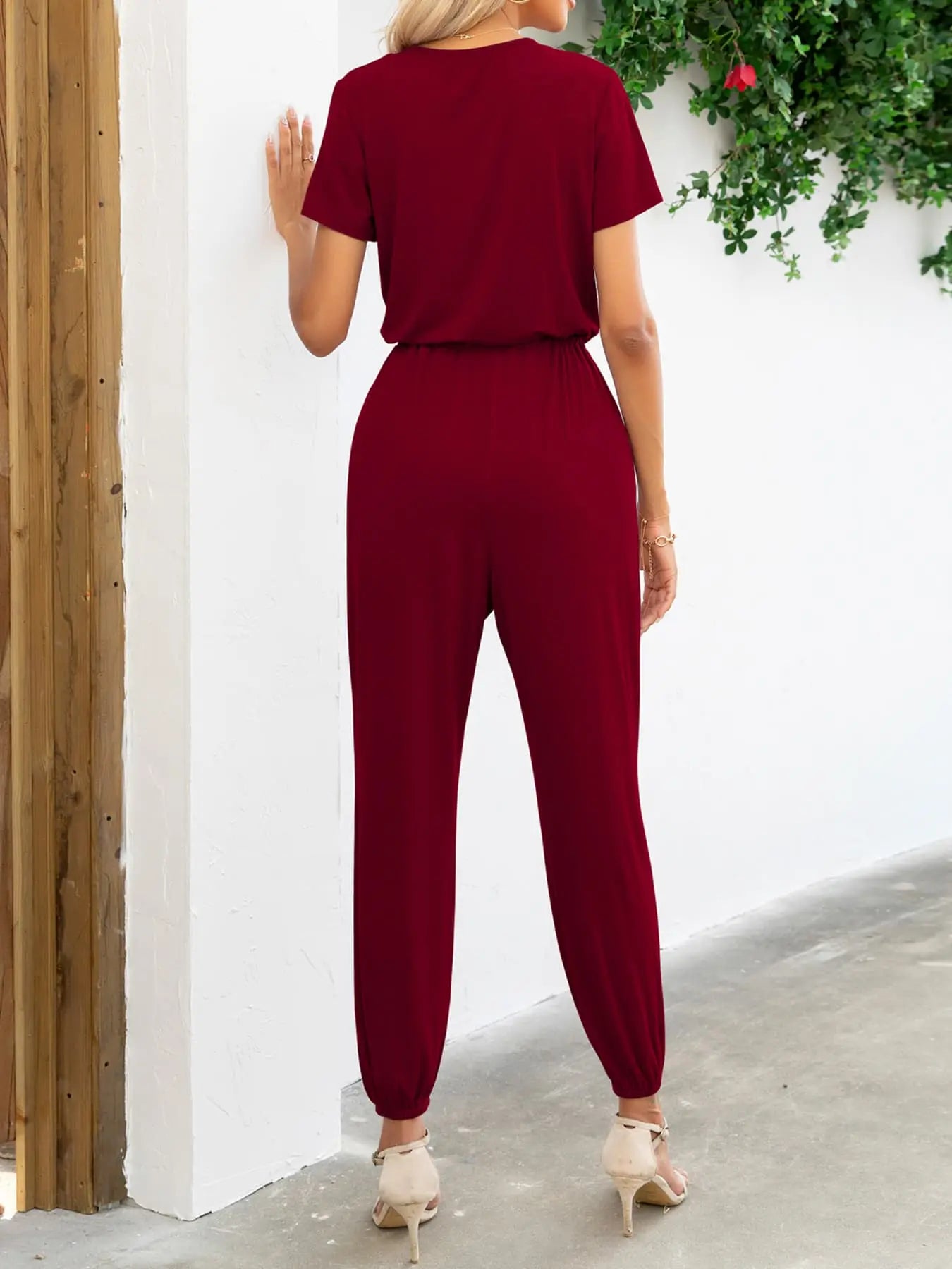 Short Sleeve V-Neck Jumpsuit with Pockets Trendsi