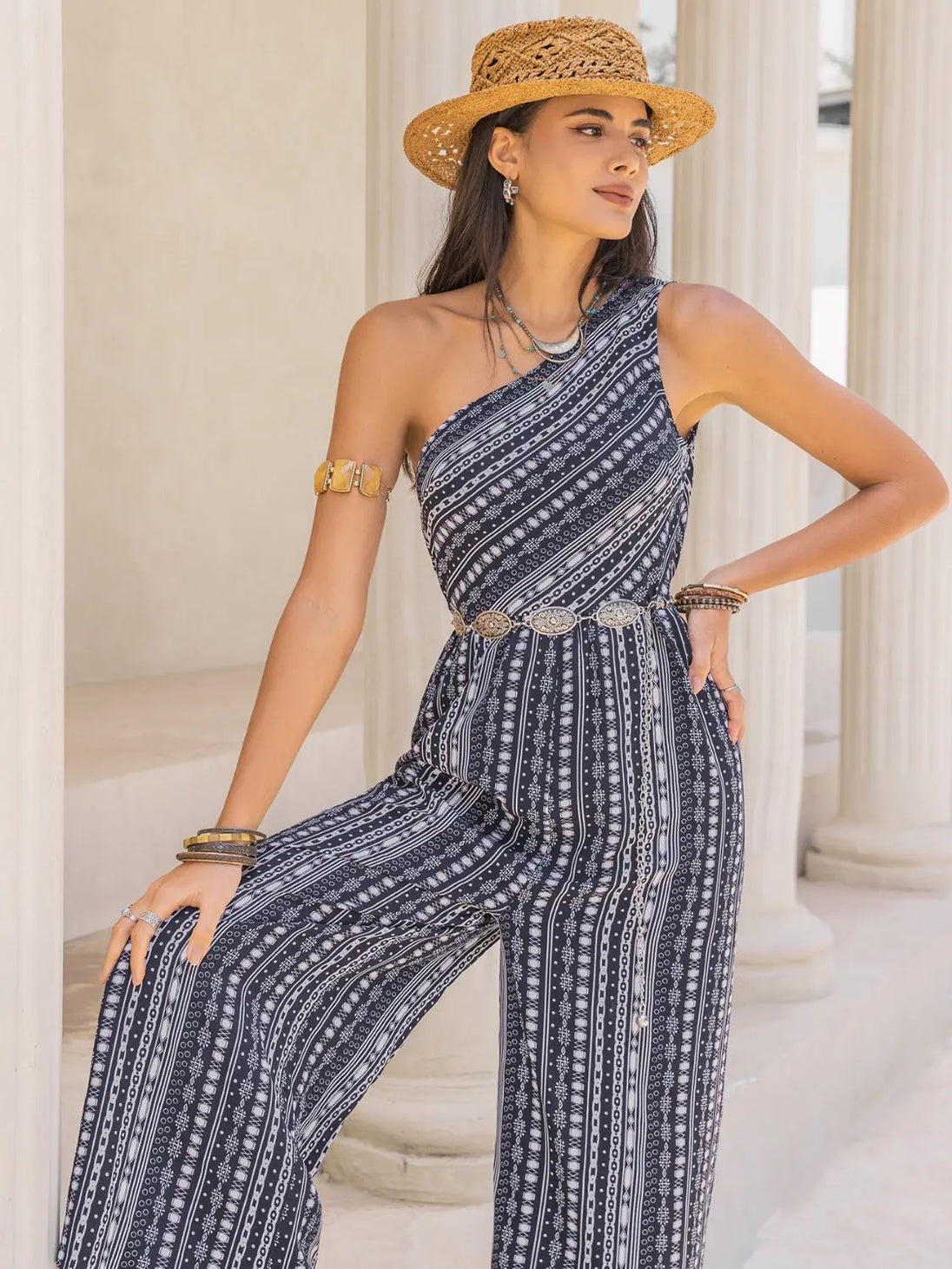 Printed Single Shoulder Sleeveless Jumpsuit Trendsi