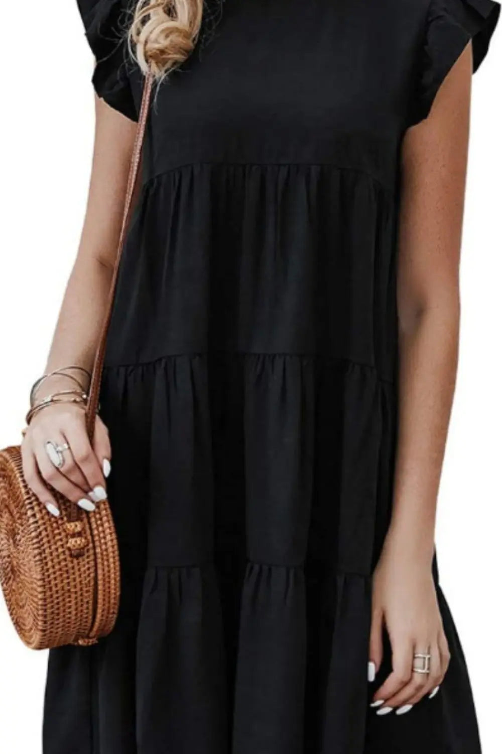 Ruffled Round Neck Cap Sleeve Mini Dress -BazaarBey - www.shopbazaarbey.com