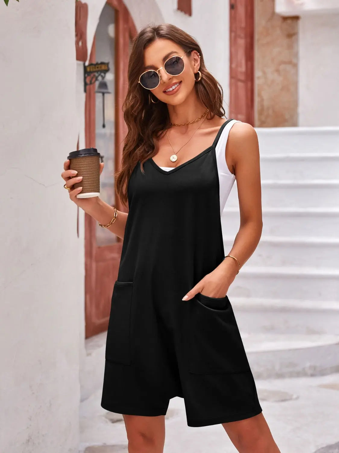 BazaarBey Spaghetti Strap Romper with Pockets 