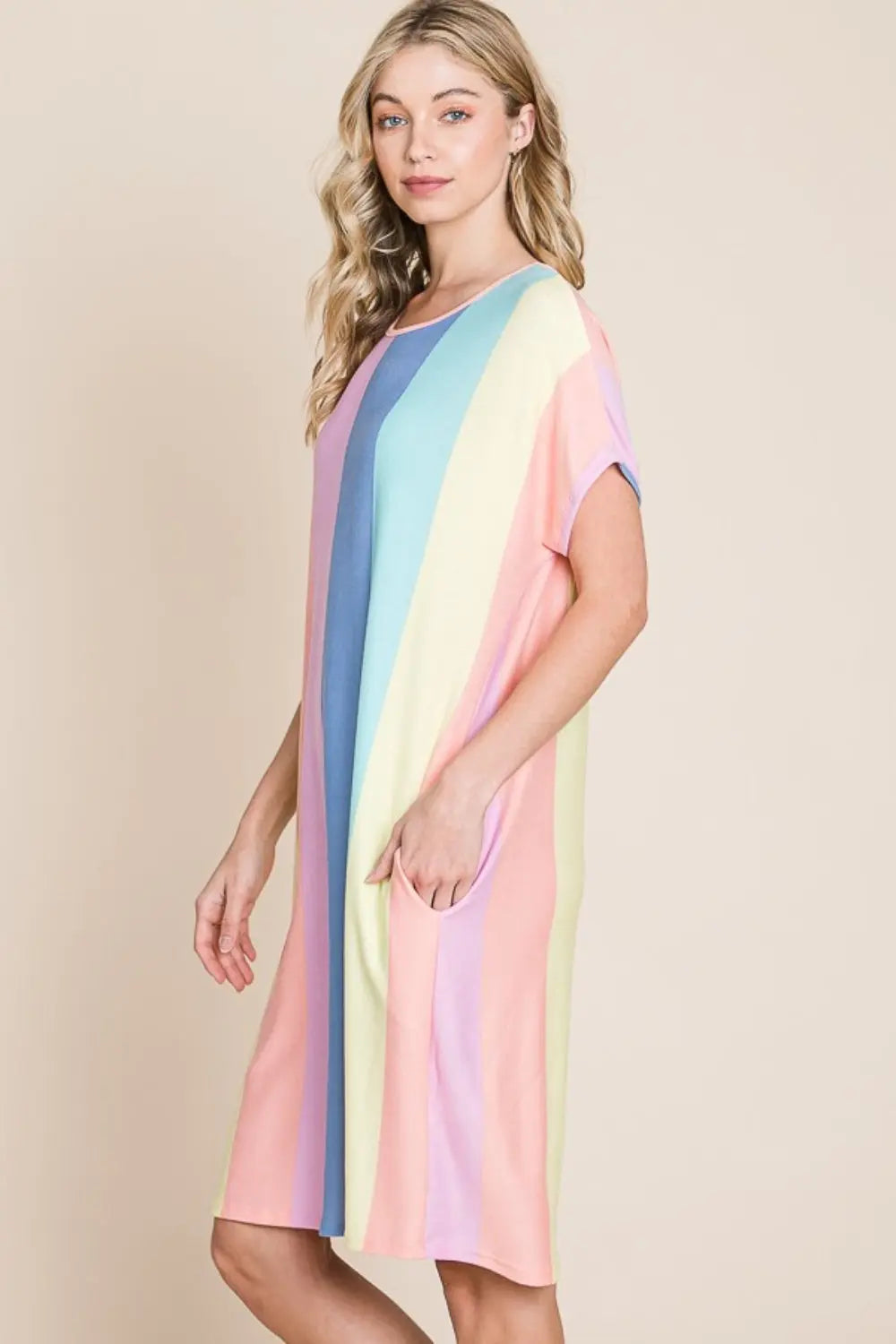  Striped Short Sleeve Dress with Pockets -BazaarBey - www.shopbazaarbey.com