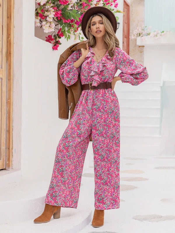BazaarBey Printed Ruffled V-Neck Balloon Sleeve Jumpsuit 