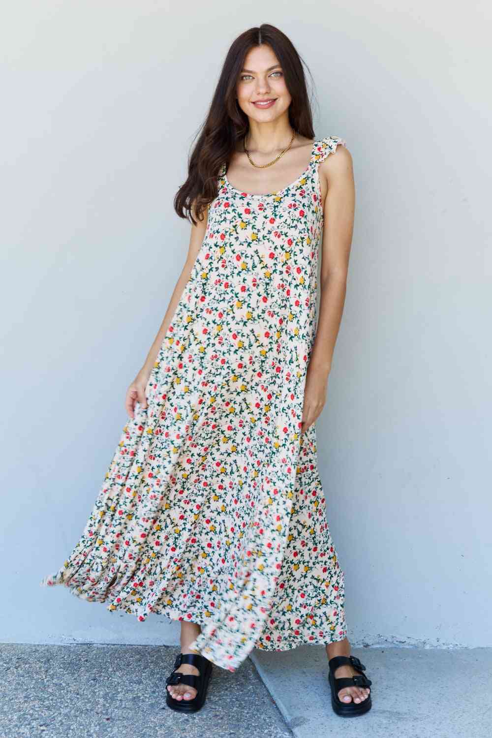  In The Garden Ruffle Floral Maxi Dress in Natural Rose -BazaarBey - www.shopbazaarbey.com