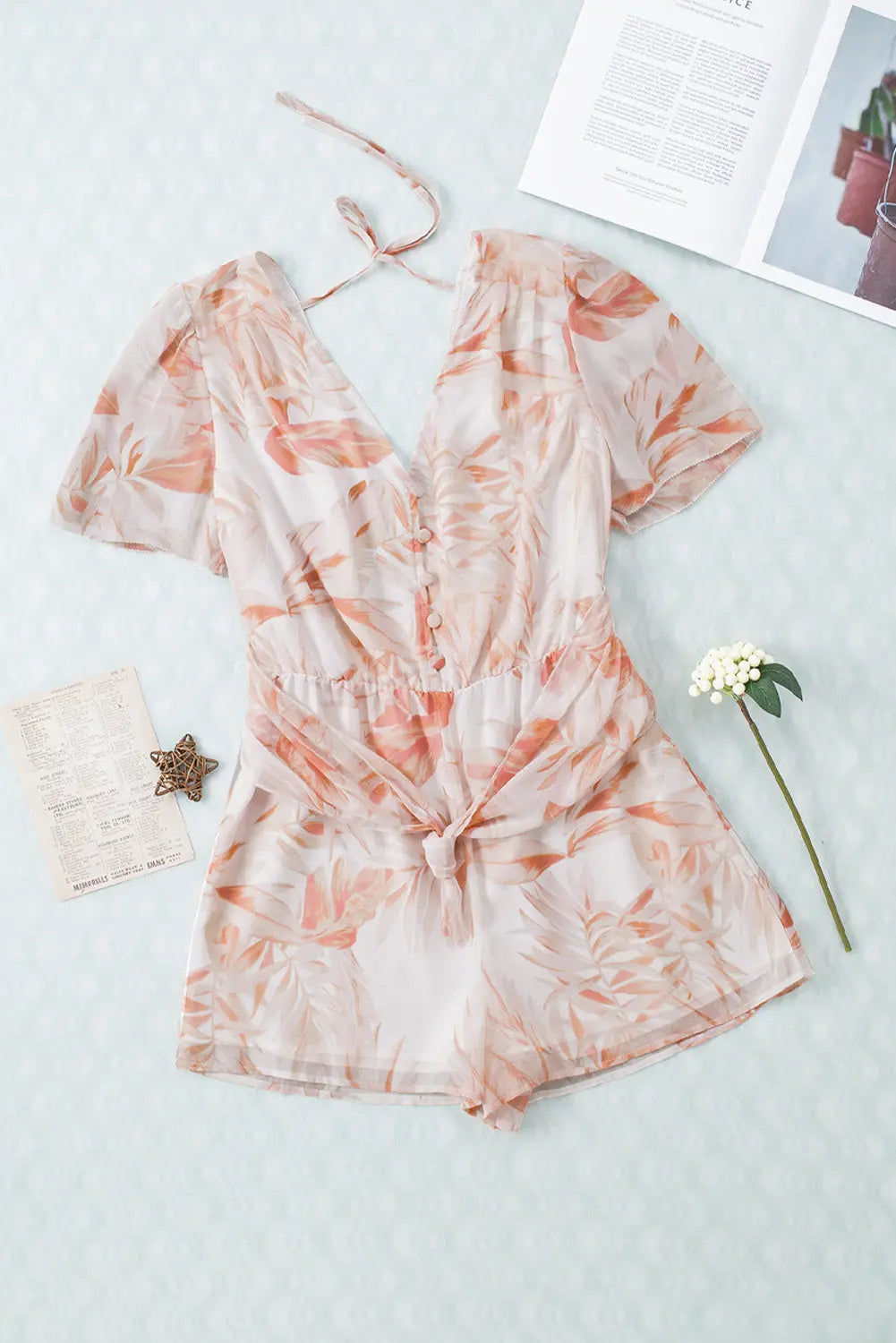 Printed Short Sleeve Tie Front Romper Trendsi