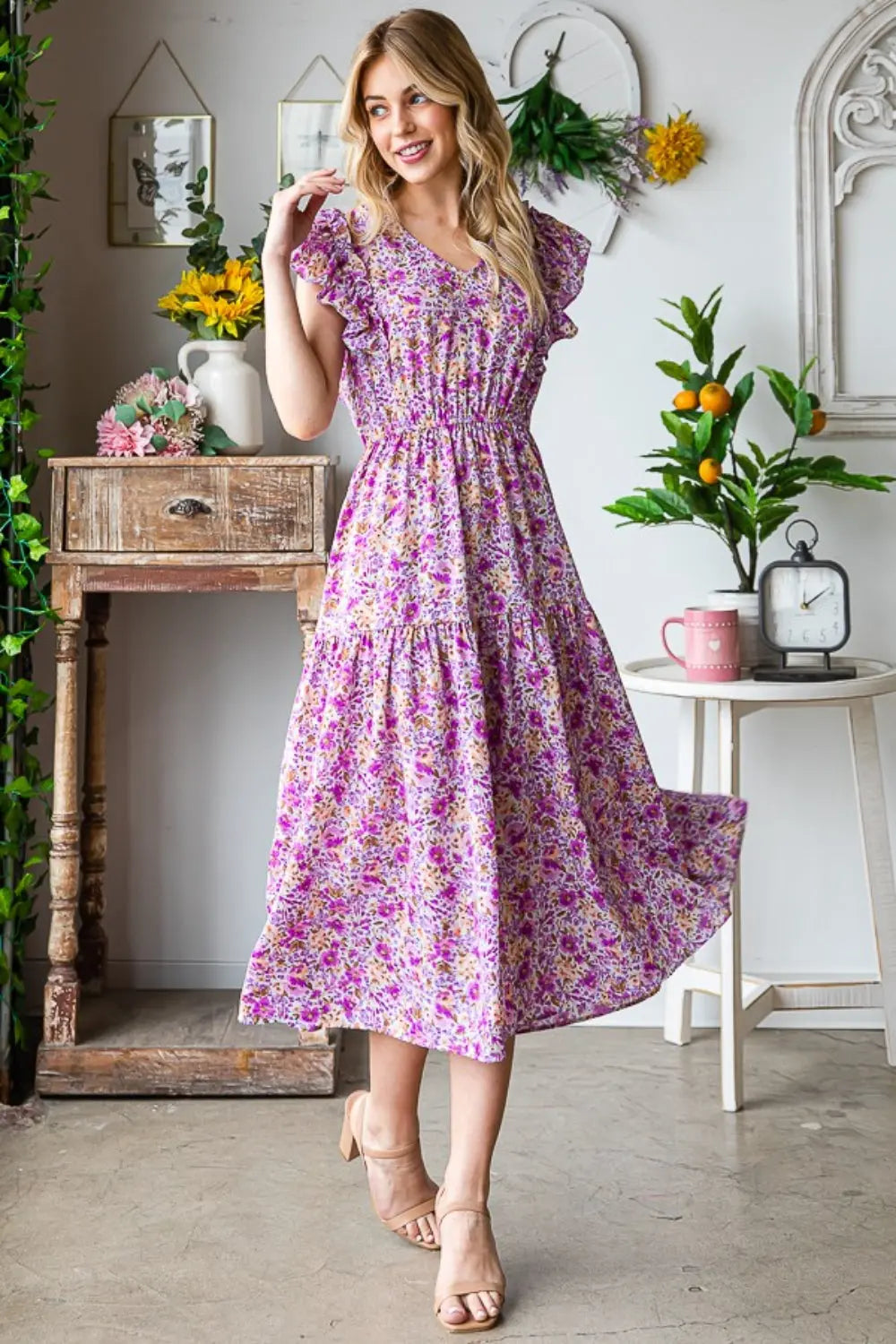  Printed V-Neck Ruffled Midi Dress -BazaarBey - www.shopbazaarbey.com