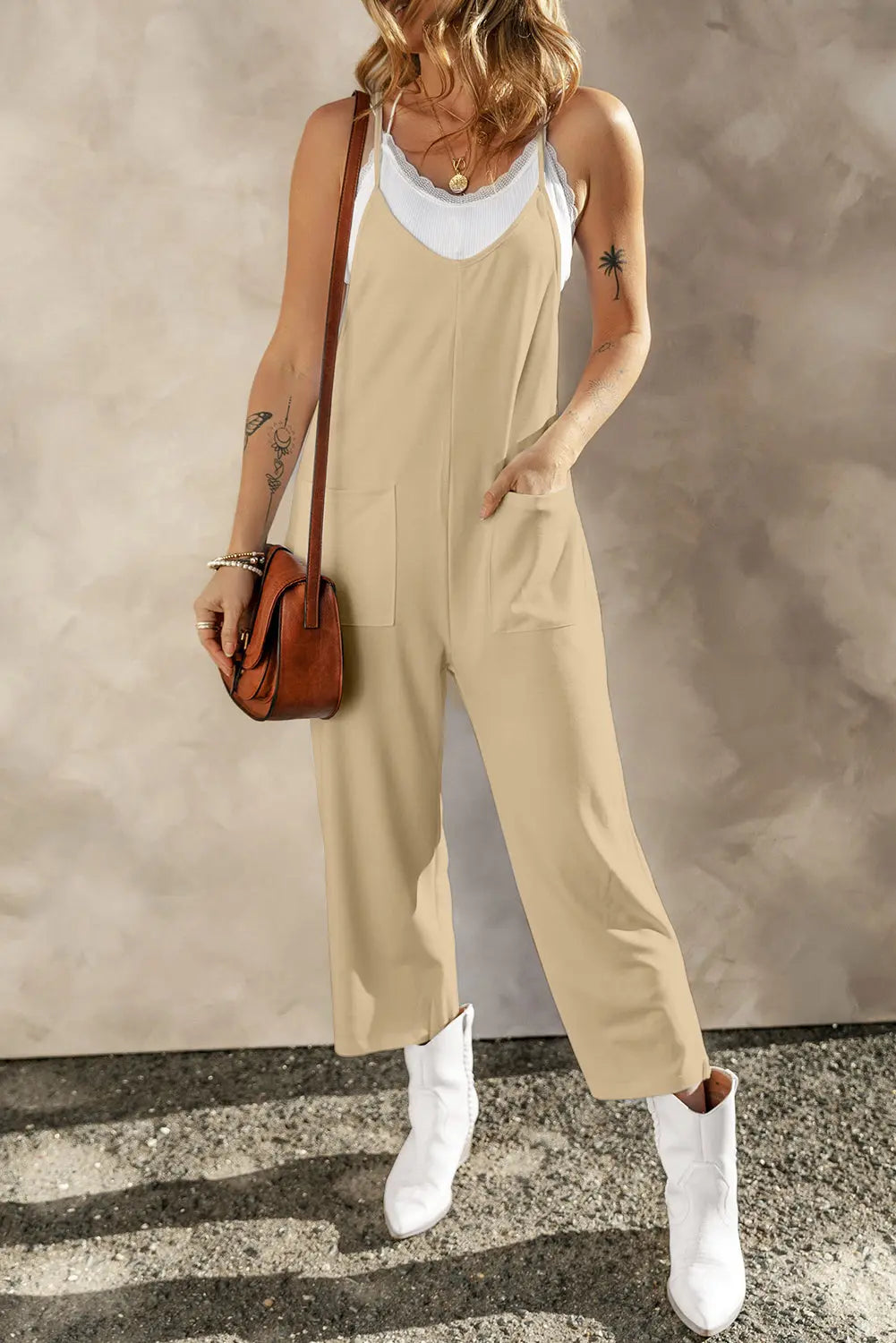 Pocketed Spaghetti Strap Wide Leg Jumpsuit Trendsi