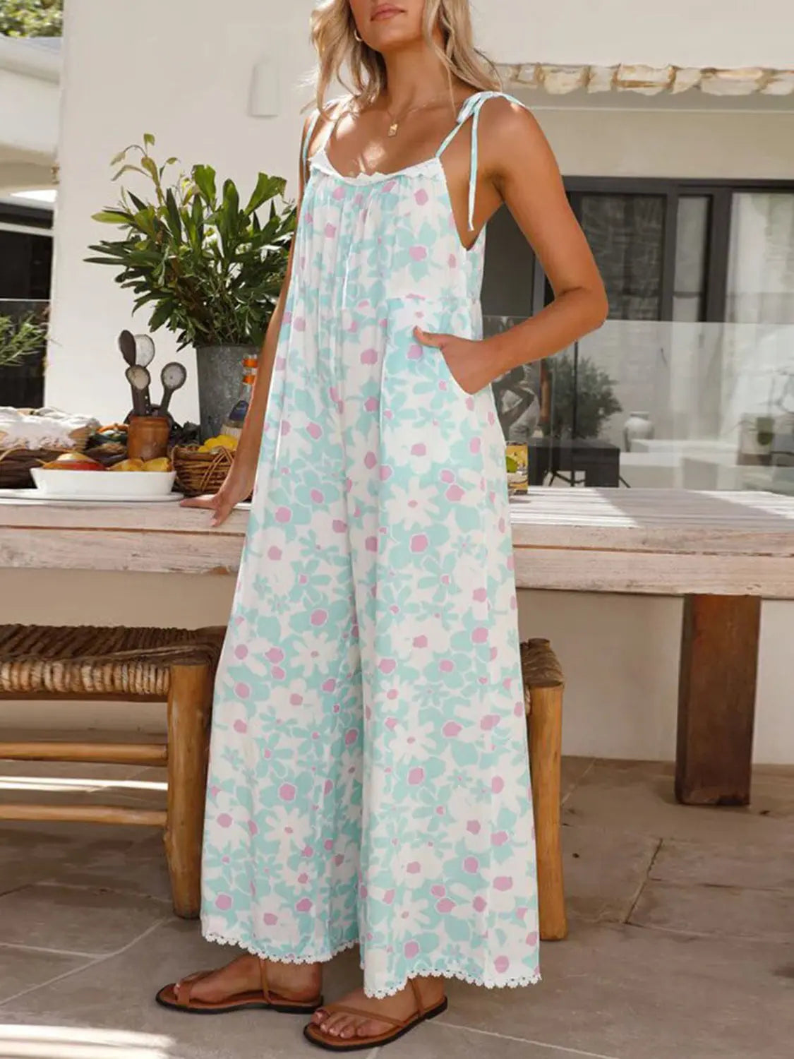 Printed Wide Leg Jumpsuit with Pockets Trendsi