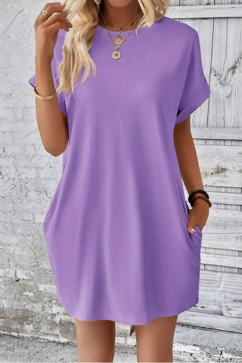 Pocketed Round Neck Short Sleeve Dress -BazaarBey - www.shopbazaarbey.com