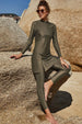 Slit Mock Neck Long Sleeve Top and Pants Swim Set Trendsi