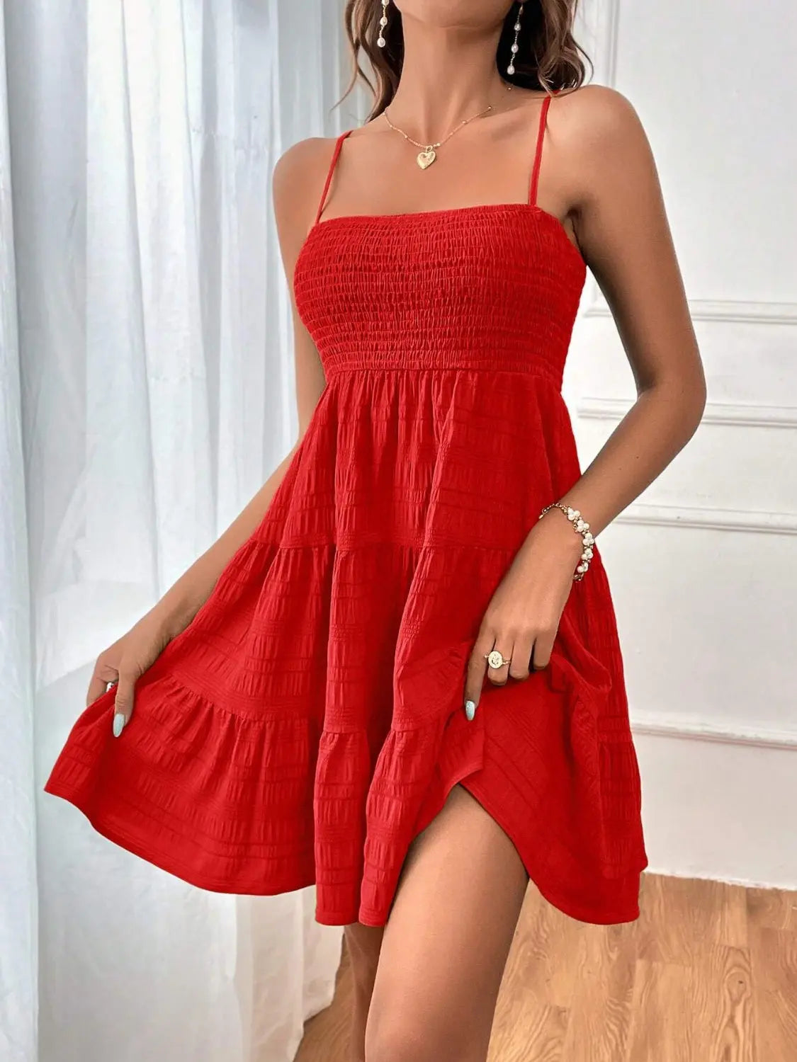 Smocked Tiered Sleeveless Mini Dress -BazaarBey - www.shopbazaarbey.com