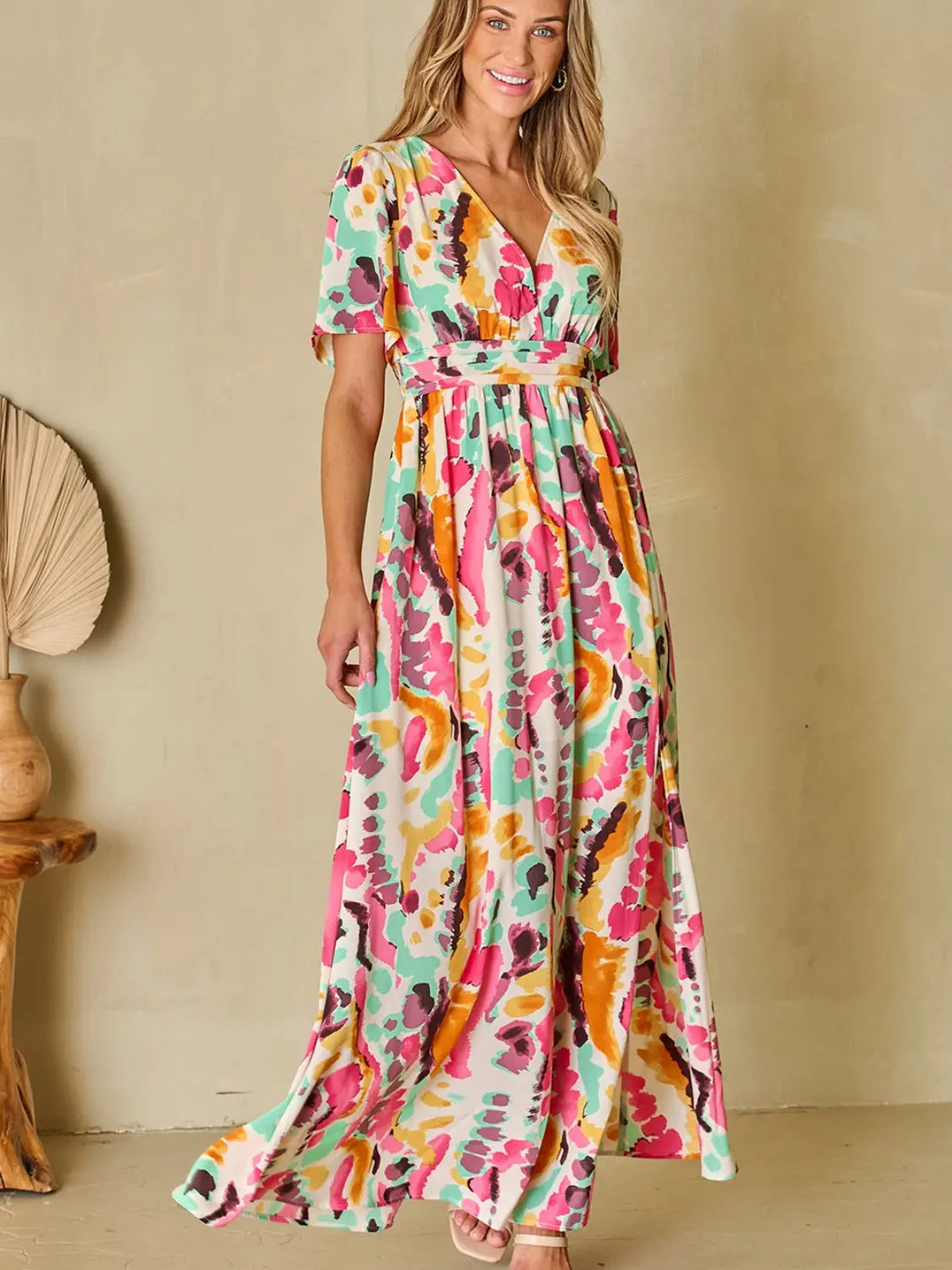 Slit Printed  Short Sleeve Maxi Dress -BazaarBey - www.shopbazaarbey.com