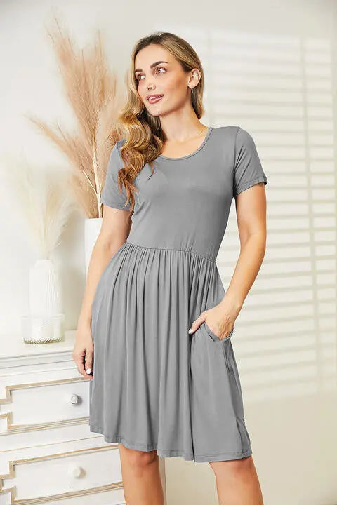  Full Size Short Sleeve Dress with Pockets -BazaarBey - www.shopbazaarbey.com