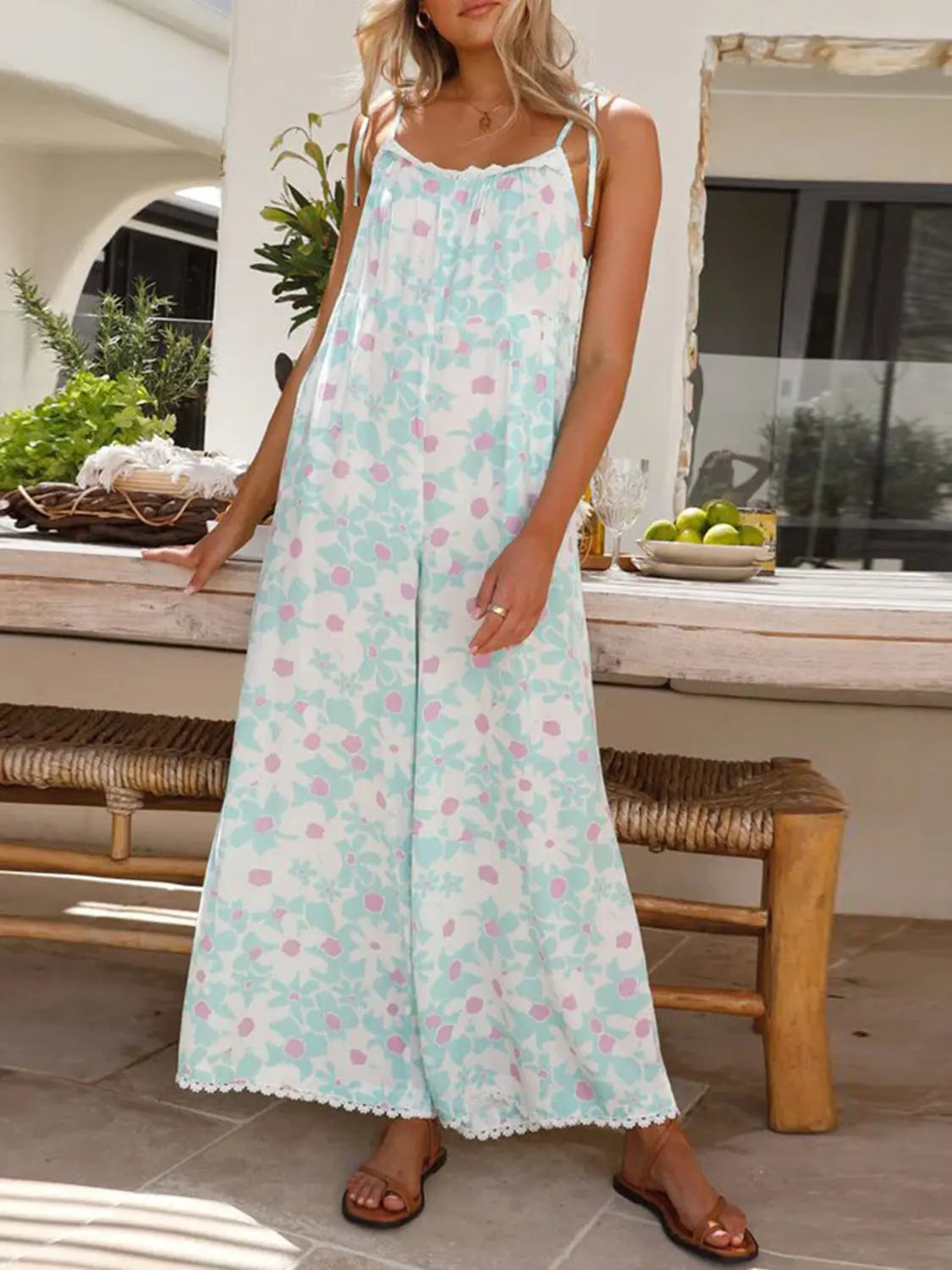 Printed Wide Leg Jumpsuit with Pockets Trendsi