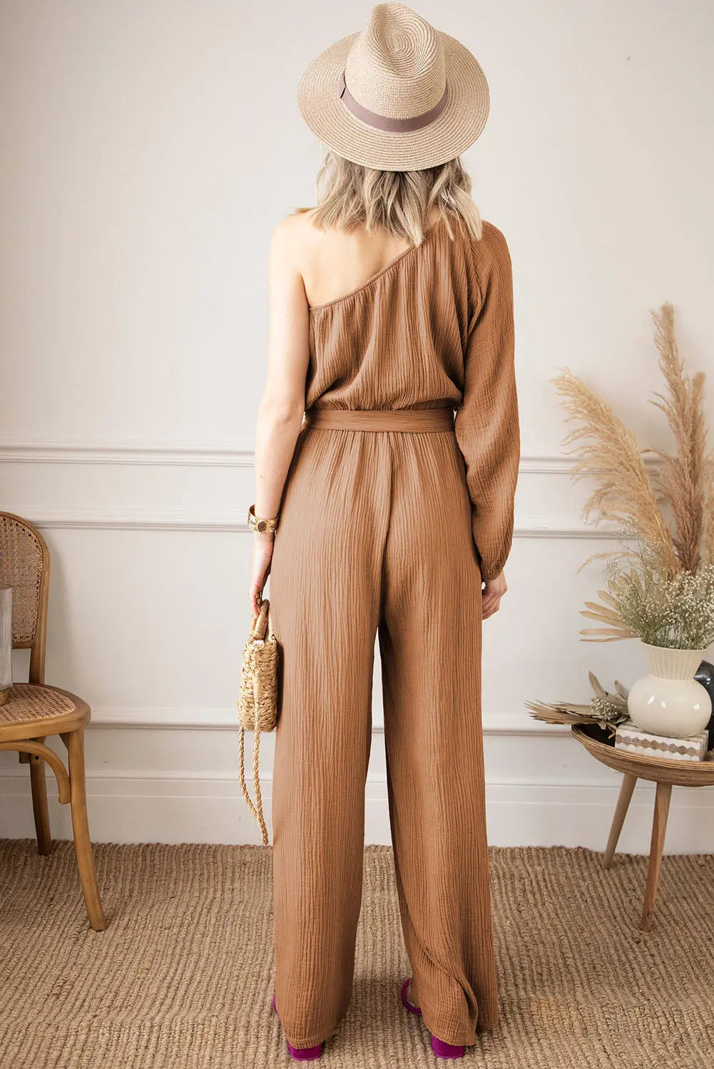 Texture Single Shoulder Tie-Waist Jumpsuit Trendsi