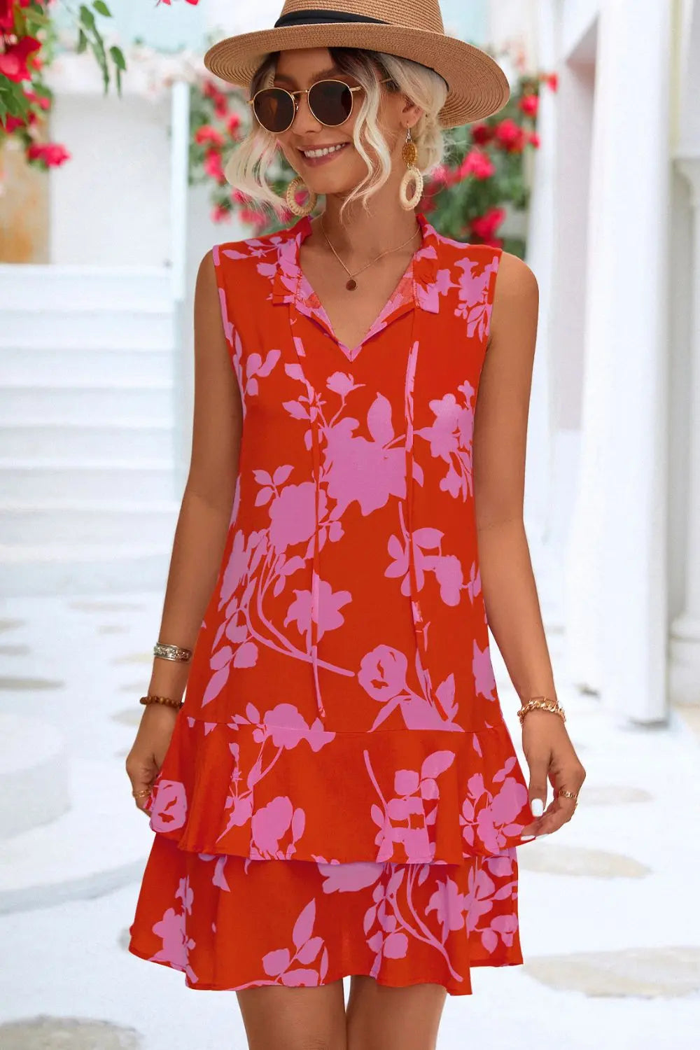 Printed Tie Neck Sleeveless Dress -BazaarBey - www.shopbazaarbey.com
