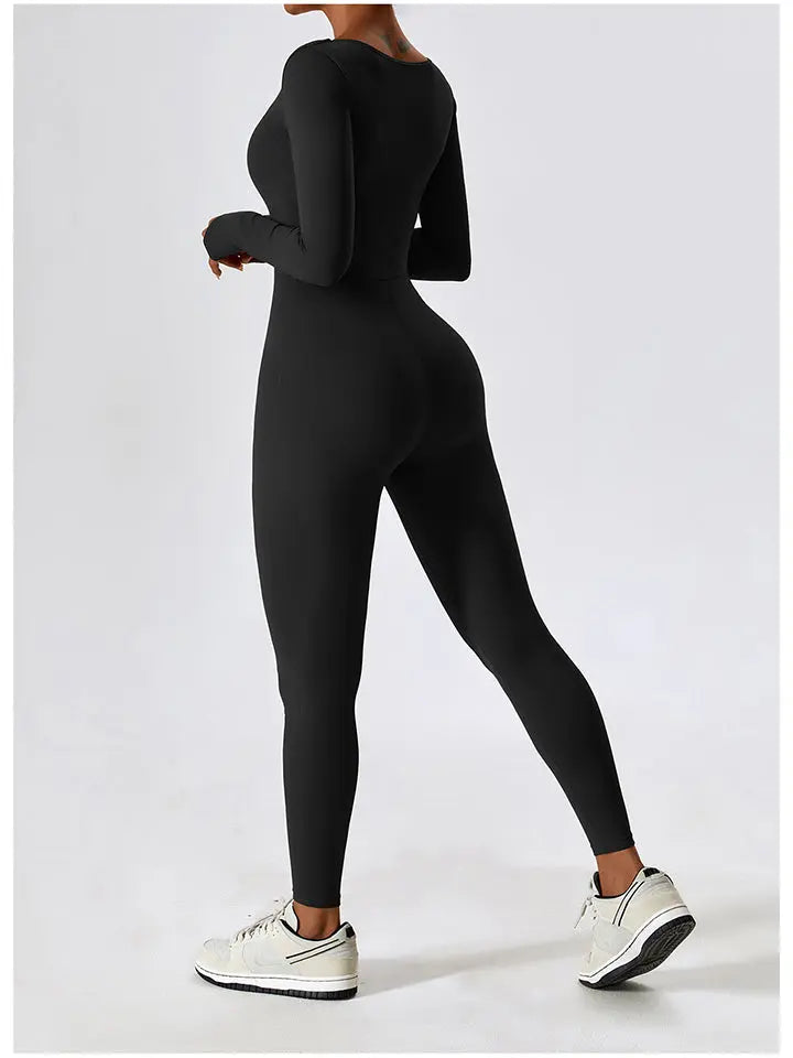 Square Neck Long Sleeve Sports Jumpsuit Trendsi