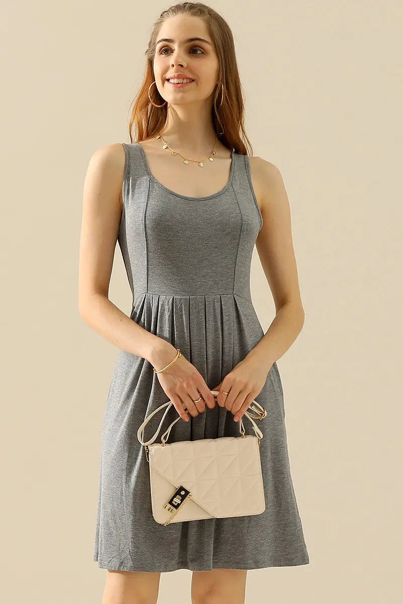  Full Size Round Neck Ruched Sleeveless Dress with Pockets -BazaarBey - www.shopbazaarbey.com