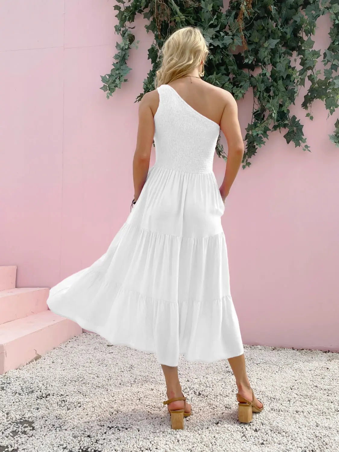 Smocked Single Shoulder Sleeveless Dress -BazaarBey - www.shopbazaarbey.com
