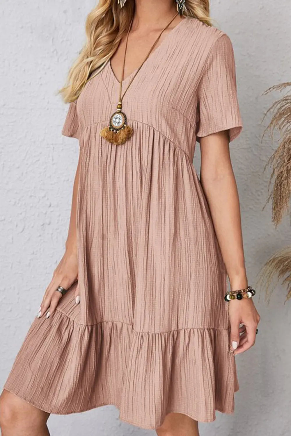Full Size Ruched V-Neck Short Sleeve Dress -BazaarBey - www.shopbazaarbey.com