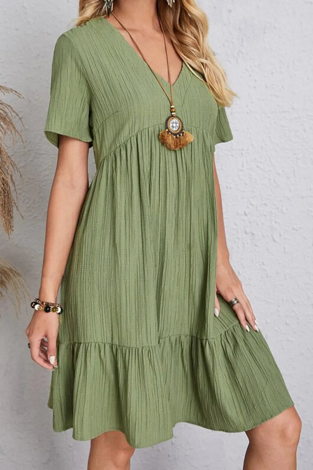 Full Size Ruched V-Neck Short Sleeve Dress -BazaarBey - www.shopbazaarbey.com