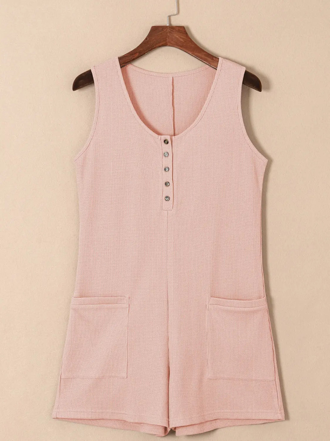 Waffle-Knit Half Button Sleeveless Romper with Pockets Trendsi