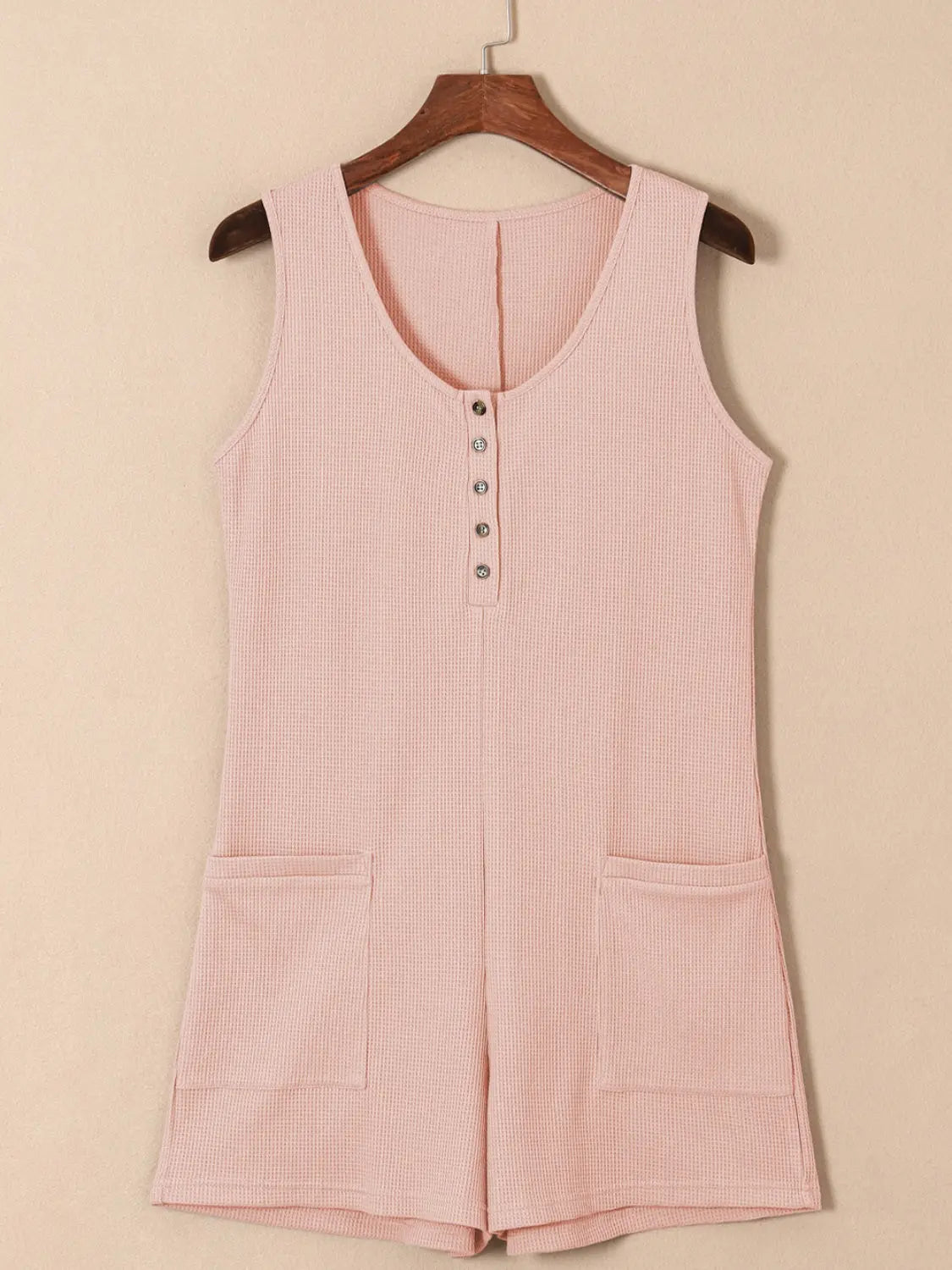 Waffle-Knit Half Button Sleeveless Romper with Pockets Trendsi