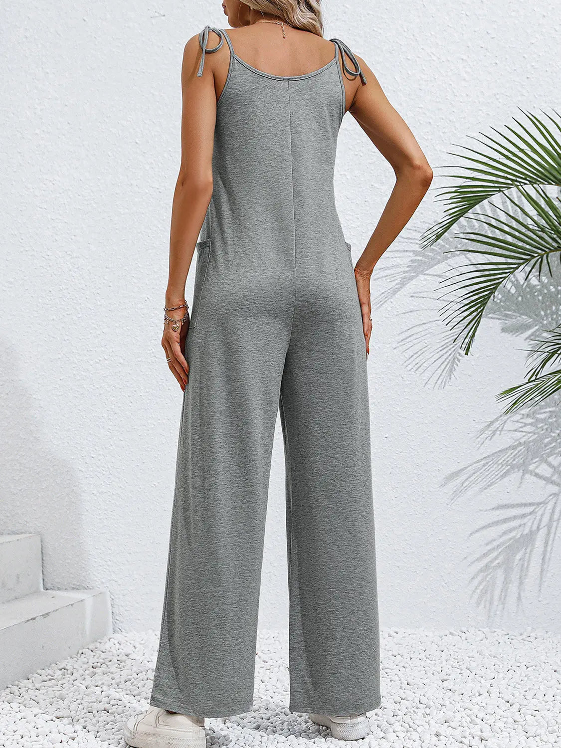 Tie-Shoulder Wide Leg Jumpsuit with Pockets Trendsi