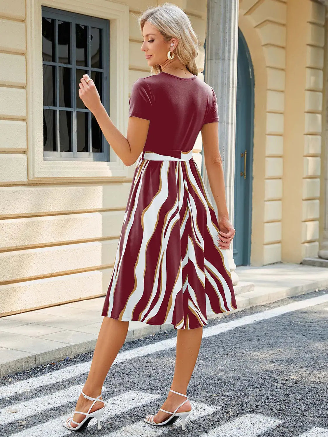 Printed Tie Waist Short Sleeve Dress -BazaarBey - www.shopbazaarbey.com