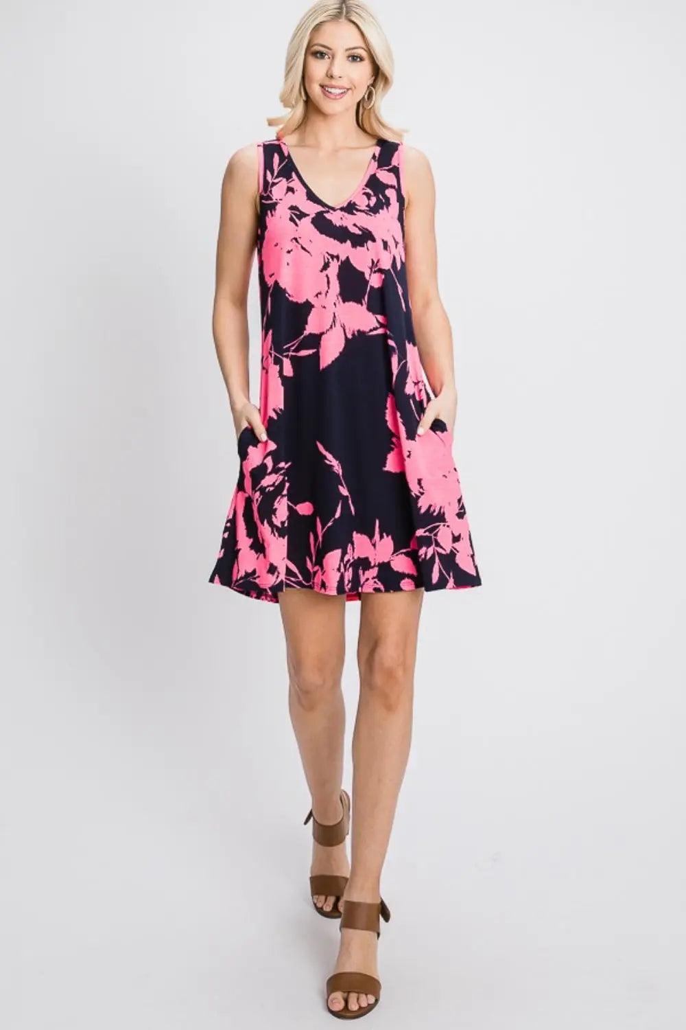  Full Size Floral V-Neck Tank Dress with Pockets -BazaarBey - www.shopbazaarbey.com