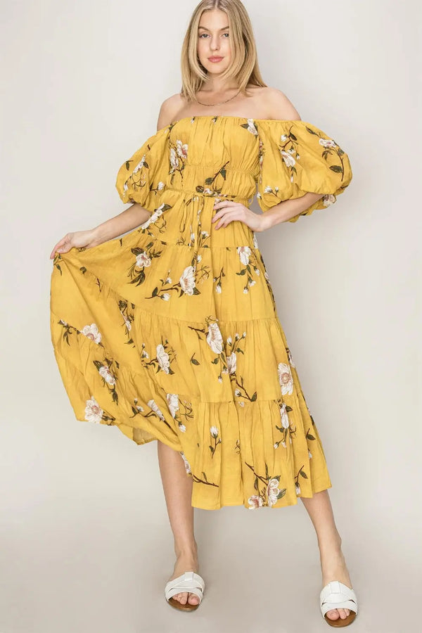  Floral Puff Sleeve Tiered Dress -BazaarBey - www.shopbazaarbey.com