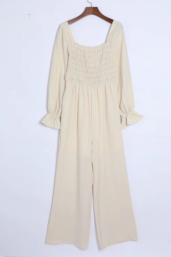 Smocked Long Flounce Sleeve Square Neck Jumpsuit Trendsi