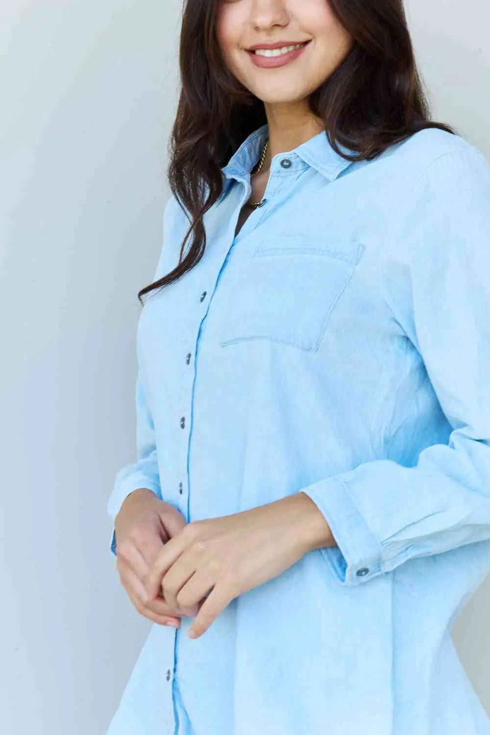  Blue Jean Baby Denim Button Down Shirt Top in Light Blue Bazaarbey