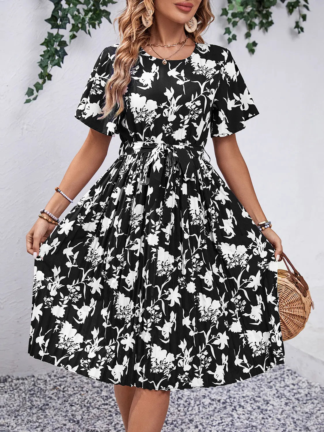 Printed Round Neck Short Sleeve Dress -BazaarBey - www.shopbazaarbey.com